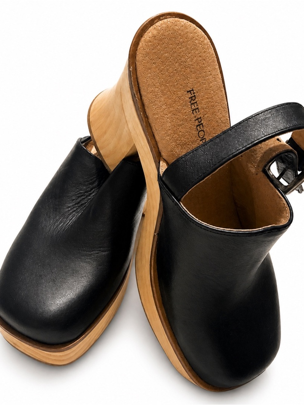 NWT Free People Black Leather Wooden Platform Clog Sandals EU 37 US 7 Boho